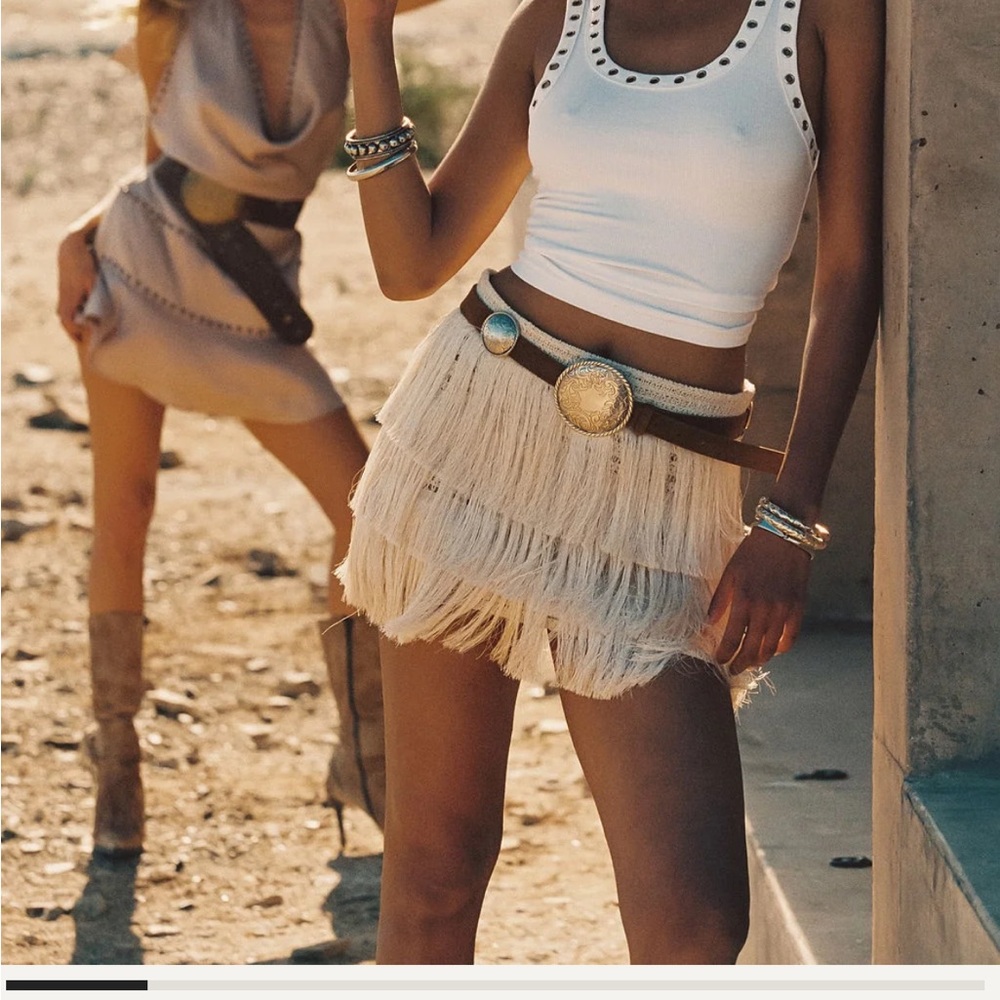 Boho Fringe Mini Skirt in Cream